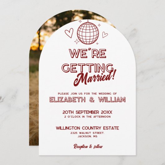 Moderne Rode Retro Disco Groovy Trouwfoto Kaart (Voorkant / Achterkant)