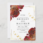 Moderne rode roos en gouden trouwbloem kaart (Voorkant)