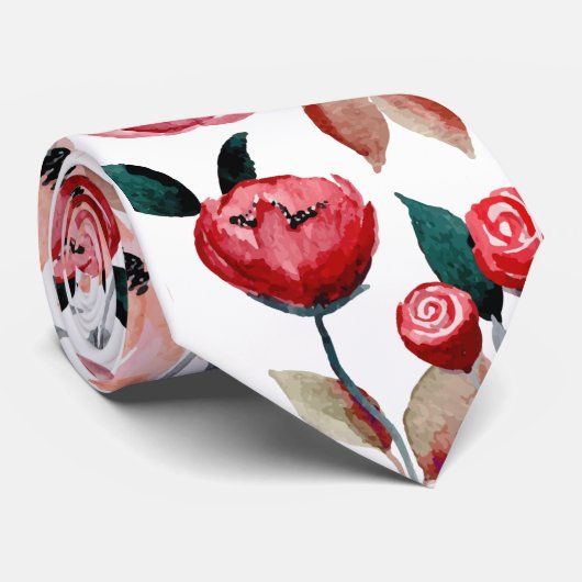 Moderne rode roos Waterverf bloemmotief bruiloft Stropdas (Opgerold)