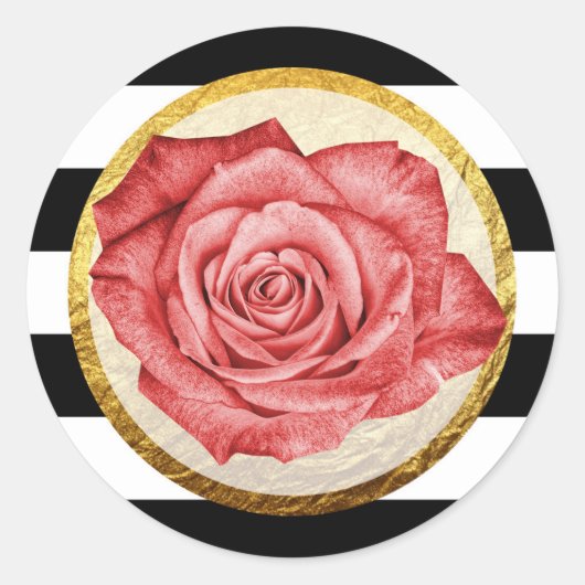 Moderne Rode Rose Faux Gouden Folie Gestreepte Bru Ronde Sticker (Voorkant)