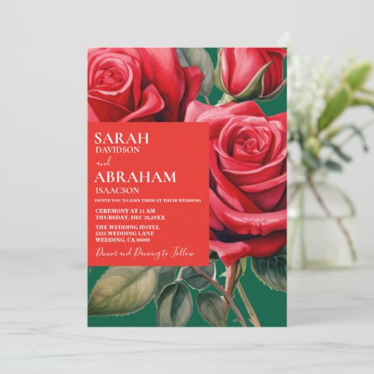 Moderne rode rozen bruiloft uitnodiging (Staand voorkant)