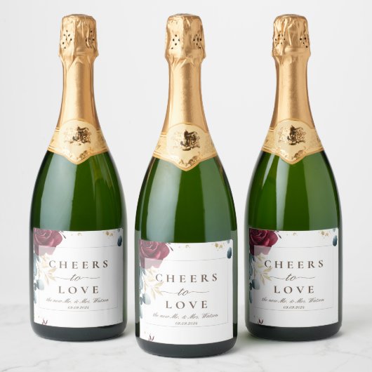 Moderne rode rozen lente zomer bruiloft sparkling wijnetiket (Flessen)