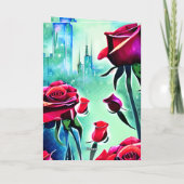 Moderne rode rozen met Cityscape Valentijnsdag Feestdagen Kaart (Achterkant)
