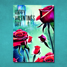 Moderne rode rozen met Cityscape Valentijnsdag Feestdagen Kaart