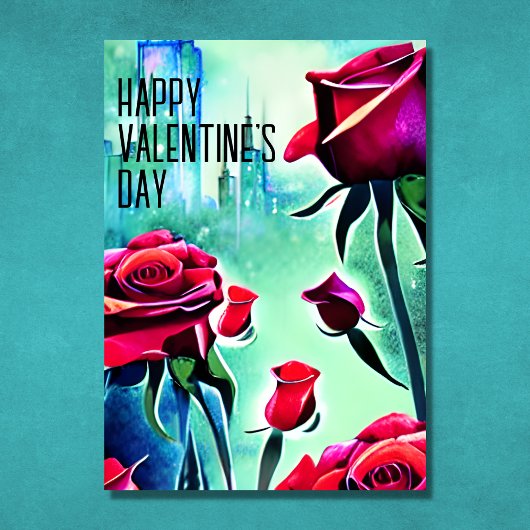 Moderne rode rozen met Cityscape Valentijnsdag Feestdagen Kaart
