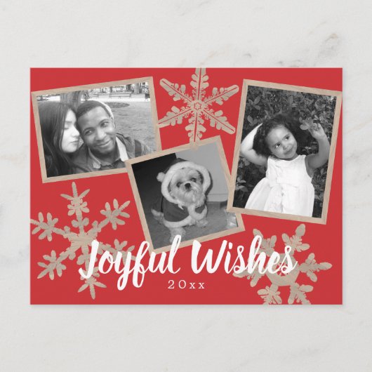 Moderne rode rustieke sneeuwvlok Collage 3 Foto Briefkaart (Voorkant)