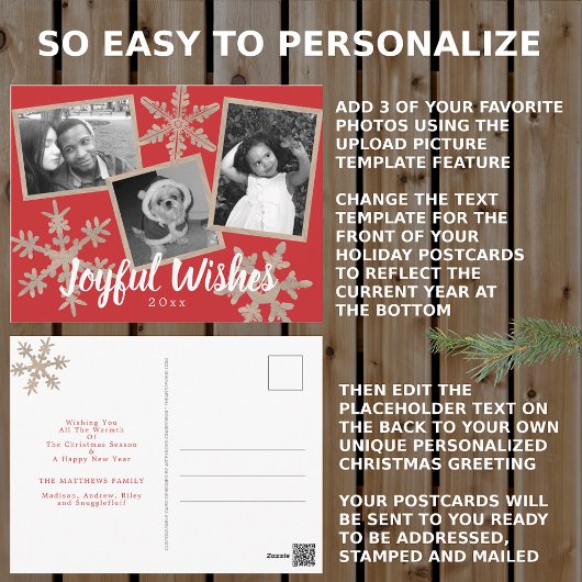 Moderne rode rustieke sneeuwvlok Collage 3 Foto Briefkaart