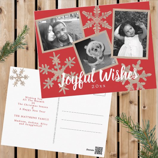 Moderne rode rustieke sneeuwvlok Collage 3 Foto Briefkaart