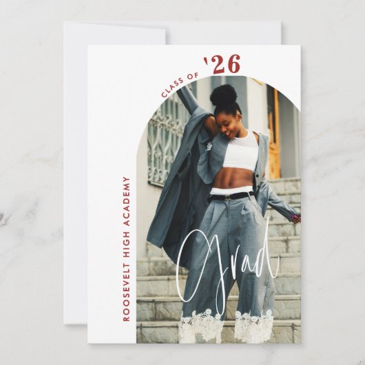 Moderne rode script foto 2024 Minimal Afstudeerder Kaart (Voorkant)