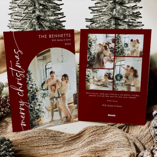 Moderne rode script vrolijke kerst boog foto feestdagenkaart