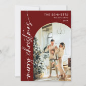 Moderne rode script vrolijke kerst boog foto feestdagenkaart (Voorkant)