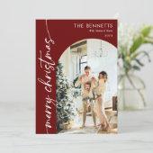 Moderne rode script vrolijke kerst boog foto feestdagenkaart (Staand voorkant)