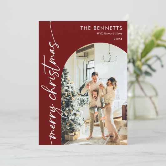 Moderne rode script vrolijke kerst boog foto feestdagenkaart (Staand voorkant)