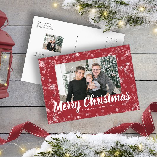 Moderne Rode Sneeuwvlok Foto Kerst Briefkaart
