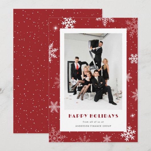Moderne Rode Sneeuwvlok Foto Zakelijk Feestdagenkaart (Voorkant / Achterkant)