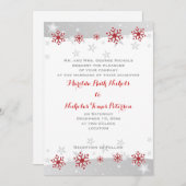 Moderne rode sneeuwvlokken en bruiloft met zilverg kaart (Voorkant / Achterkant)