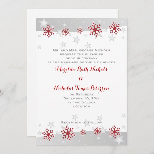 Moderne rode sneeuwvlokken en bruiloft met zilverg kaart (Voorkant / Achterkant)