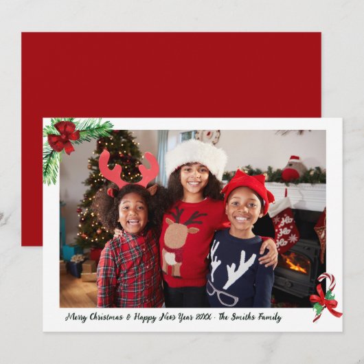Moderne rode snoep Cane Familie Foto Kerstmis Feestdagenkaart (Voorkant / Achterkant)