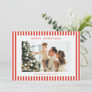 Moderne Rode Strepen Familie Foto Kerstmis Feestdagenkaart