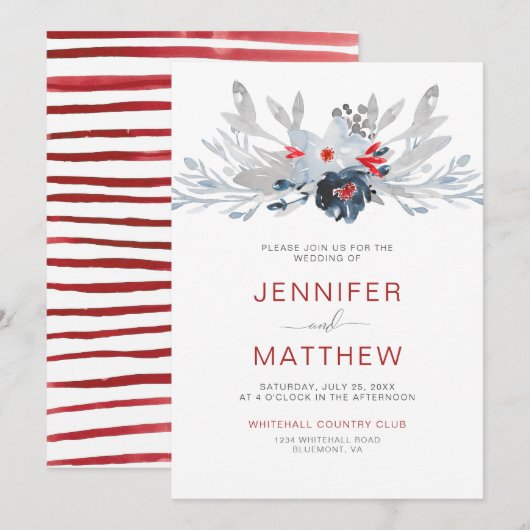 Moderne rode strepen Navy rood grijs bloemenbruilo Kaart (Voorkant / Achterkant)