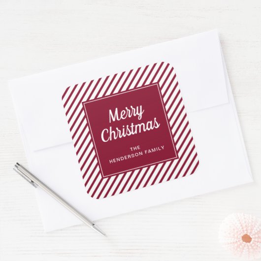Moderne Rode Strepen Prettig Kerstfeest Vierkante Sticker (Envelop)