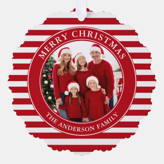 Moderne rode strepen Vrolijke Kerstfoto Ornament Kaart (Voorkant)