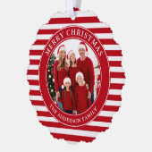 Moderne rode strepen Vrolijke Kerstfoto Ornament Kaart (Links)