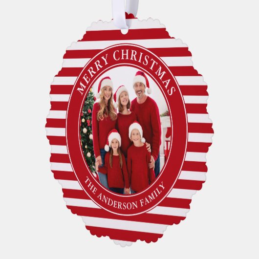 Moderne rode strepen Vrolijke Kerstfoto Ornament Kaart (Links)