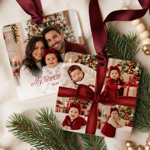 Moderne rode strik Mijn eerste kerst foto ornament