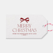 Moderne rode strik minimalistische vrolijke kerstd cadeaulabel (Voorkant (Horizontaal))