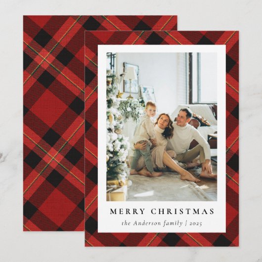 Moderne Rode Tartan Plaid & Familie Foto Kerstmis Feestdagenkaart (Voorkant / Achterkant)