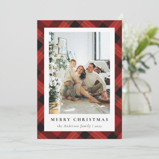Moderne Rode Tartan Plaid & Familie Foto Kerstmis Feestdagenkaart (Staand voorkant)