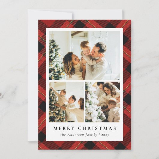 Moderne Rode Tartan Plakken & Fotocollage Kerstmis Feestdagenkaart (Voorkant)