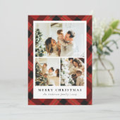 Moderne Rode Tartan Plakken & Fotocollage Kerstmis Feestdagenkaart (Staand voorkant)
