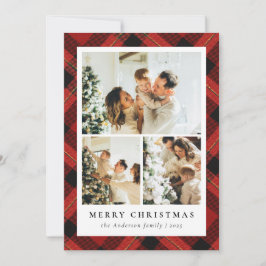 Moderne Rode Tartan Plakken & Fotocollage Kerstmis Feestdagenkaart