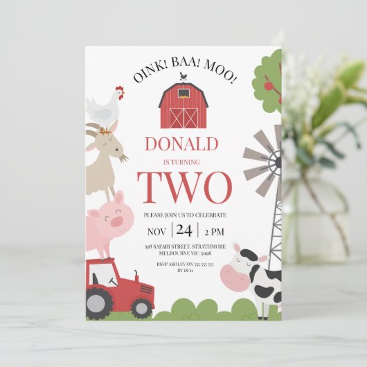 Moderne Rode Tractor Oink Baa Moo Boerderij Verjaa Kaart (Staand voorkant)