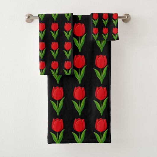 Moderne rode tulp bloempatroon op zwart bad handdoek (Insitu)