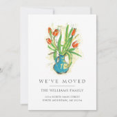 Moderne rode tulpen Blauwe vaas Bloemstuk verhuisd Aankondiging (Voorkant)