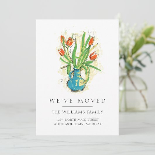 Moderne rode tulpen Blauwe vaas Bloemstuk verhuisd Aankondiging (Staand voorkant)