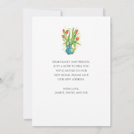 Moderne rode tulpen Blauwe vaas Bloemstuk verhuisd Aankondiging (Achterkant)