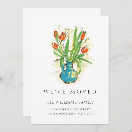Moderne rode tulpen Blauwe vaas Bloemstuk verhuisd Aankondiging (Voorkant / Achterkant)