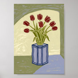 Moderne rode tulpen in blauwe vierkante vaas kunst poster