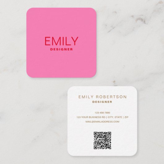 Moderne rode typografie | roze vierkante visitekaartje (Voorkant / Achterkant)