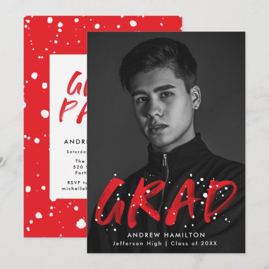 Moderne Rode Verf Splatter Foto Graduation Party Kaart (Voorkant / Achterkant)