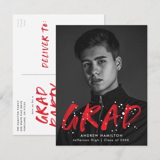 Moderne Rode Verf Splatter Foto Graduation Party Uitnodiging Briefkaart (Voorkant / Achterkant)