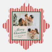 Moderne Rode Verticale Streep 2 Foto Kerstmis Ornament Kaart (Voorkant)