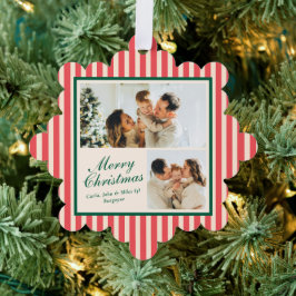 Moderne Rode Verticale Streep 2 Foto Kerstmis Ornament Kaart