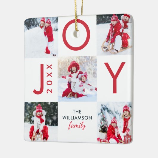 Moderne Rode Vreugde Checkerboard Familie Fotocoll Keramisch Ornament (Links)