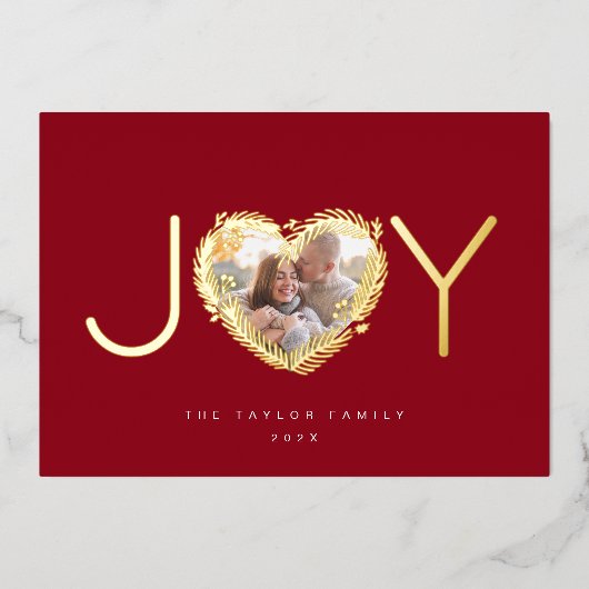 Moderne Rode Vreugde Vrolijke Kerstmis Hart Krans  Folie Feestdagenkaart (Voorkant)