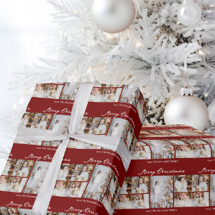 Moderne Rode Vrolijk Kerstmis Foto Collage Cadeaupapier